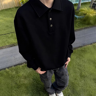 黑色正肩polo领卫衣男款美式太空棉boxy长袖T恤cleanfit翻领外套
