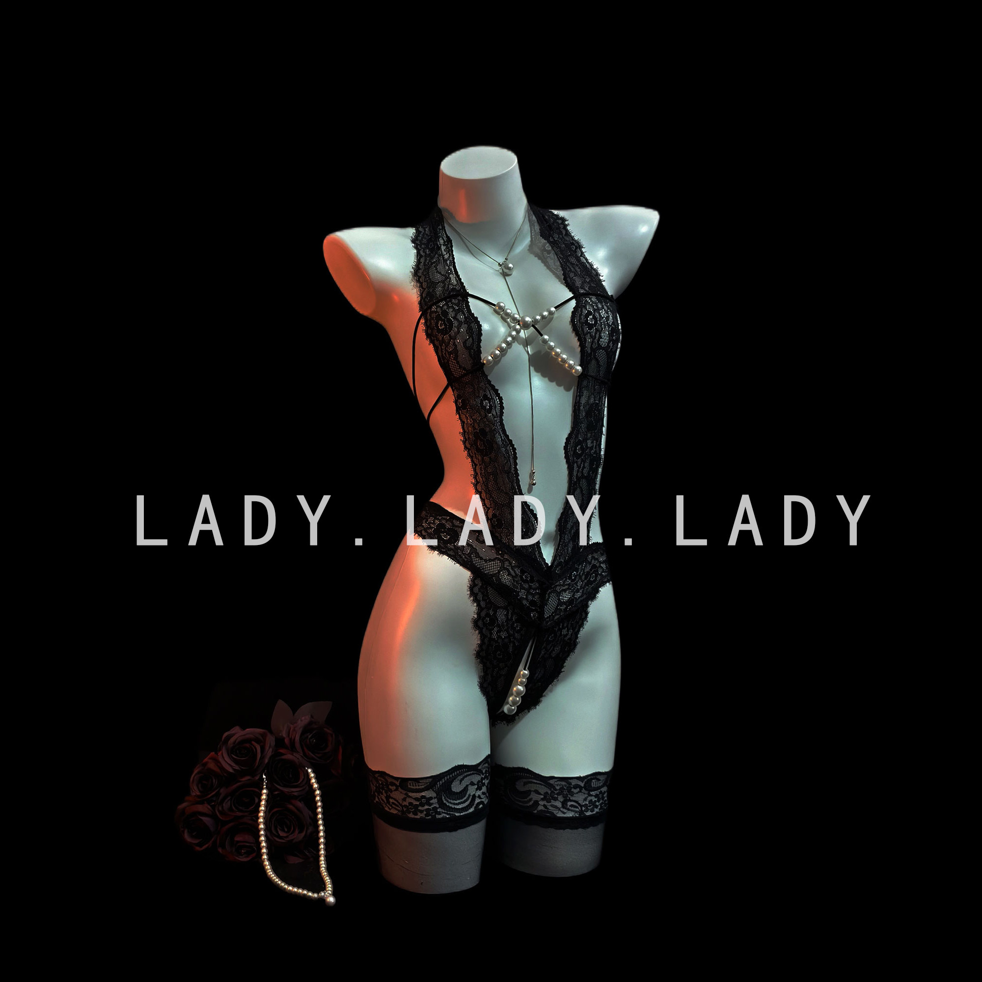 Lady黑色性感蕾丝连体衣小胸战袍珍珠串珠情趣制服qqny诱惑内衣