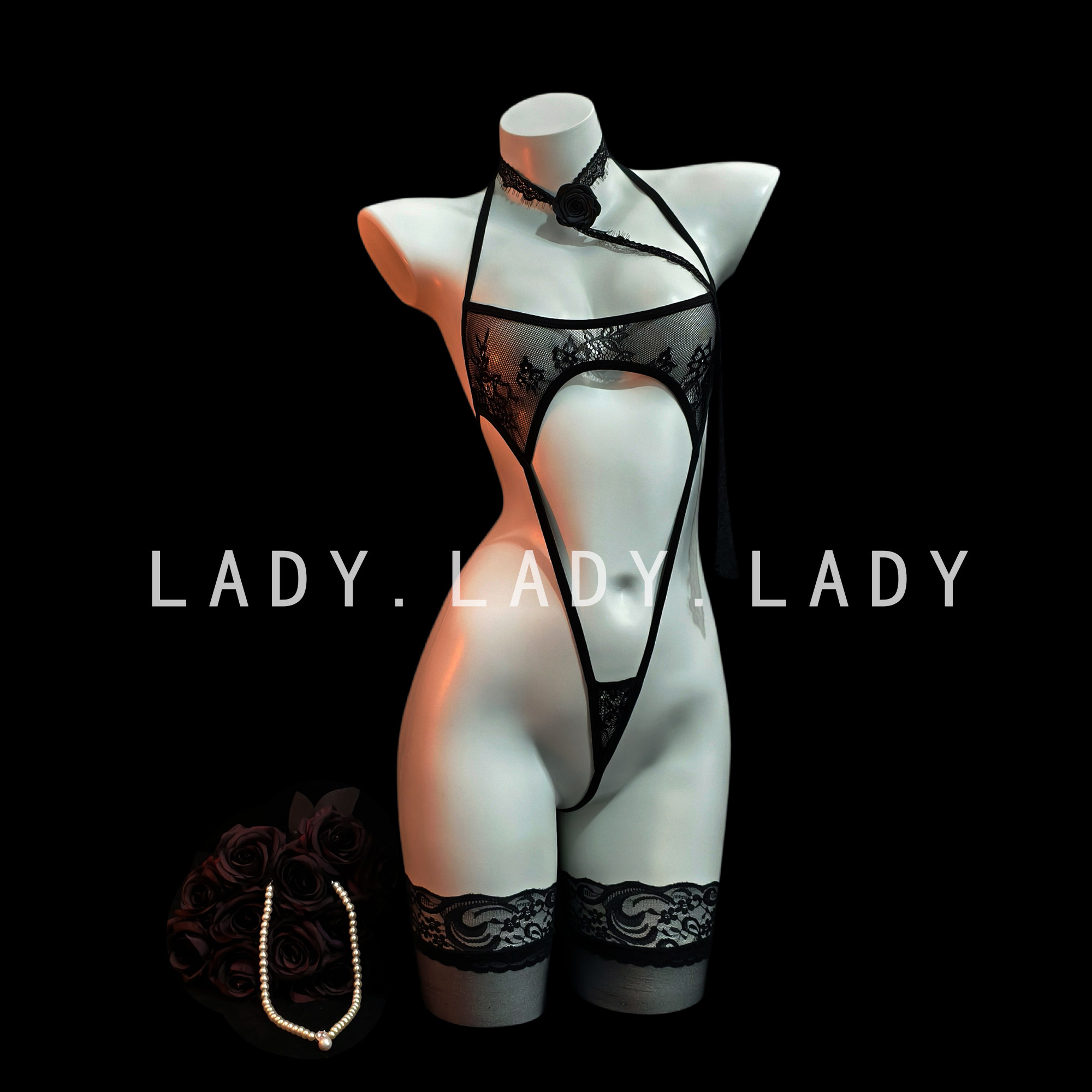 Lady性感纯欲系带三点式连体蕾丝镂空小胸透视情调qqny配件内衣女