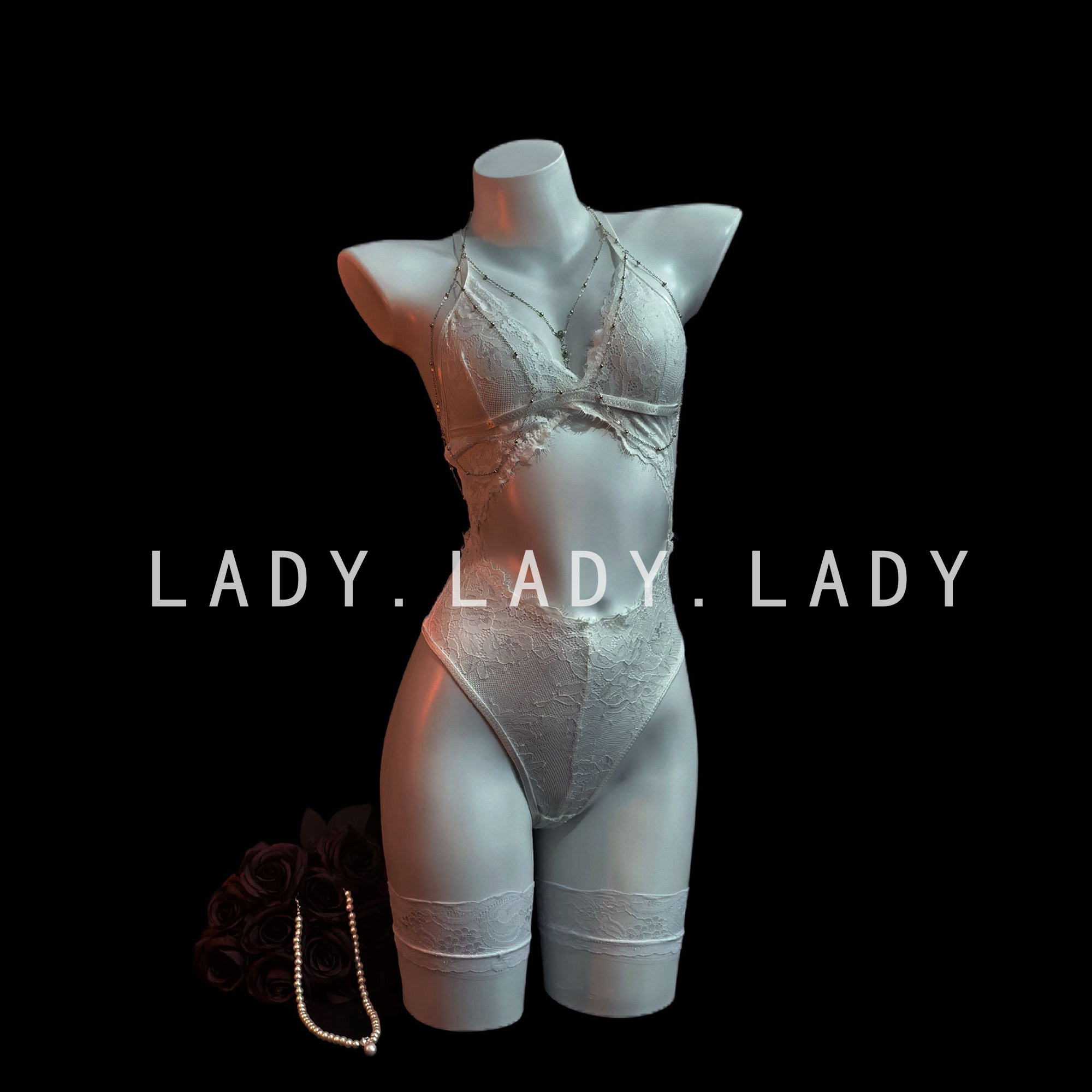 Lady蕾丝镂空性感纯欲小胸显大透视连体制服约会战袍情调内衣配件
