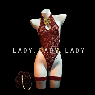 Lady性感睡衣蕾丝复古盘扣旗袍镂空高叉连体衣纯欲内衣qqny趣情女