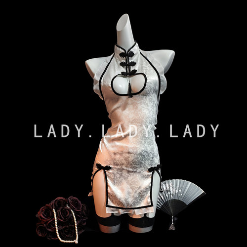 Lady新中式性感旗袍复古睡裙镂空诱惑缎面网纱透视制服女纯欲qqny