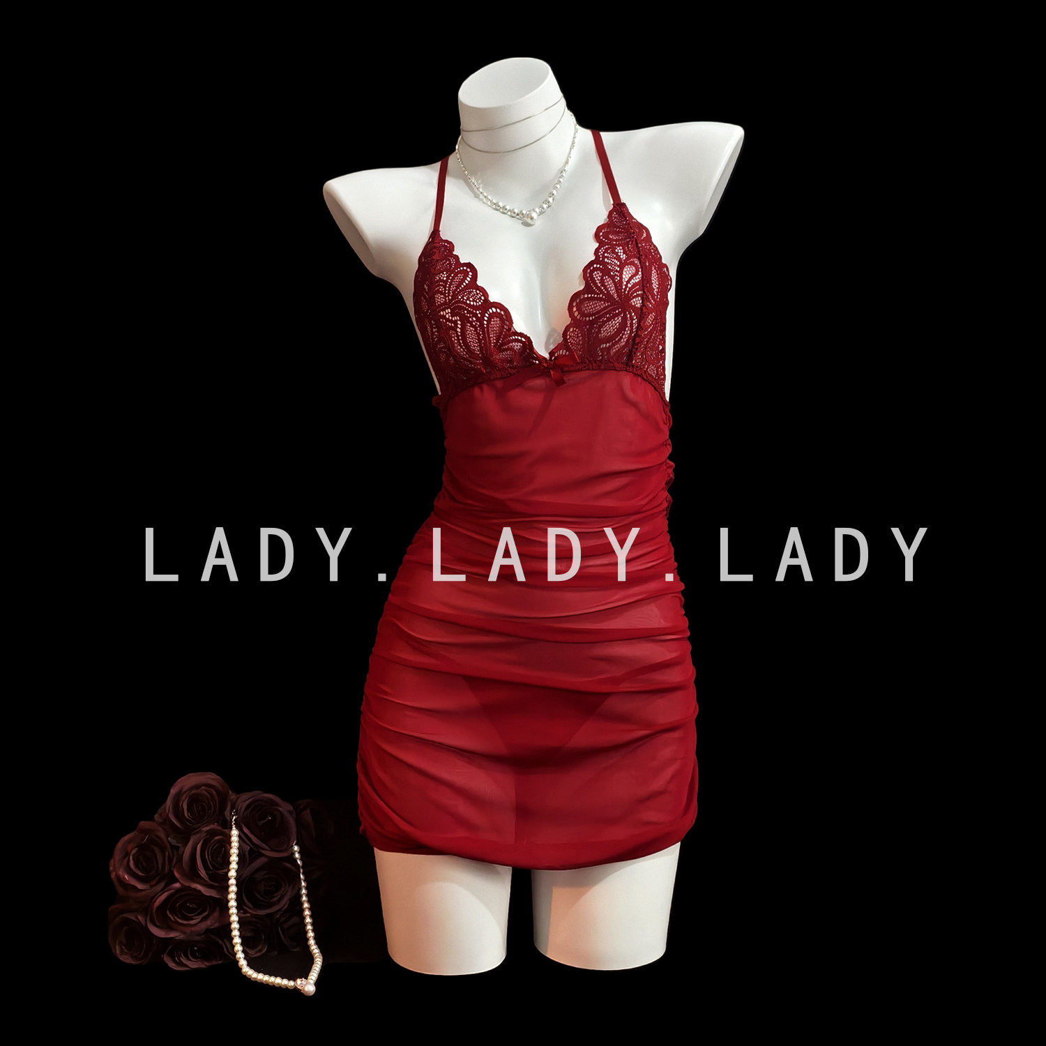 Lady2026年新款性感睡衣女吊带法式蕾丝透视纯欲露背褶皱深V睡裙