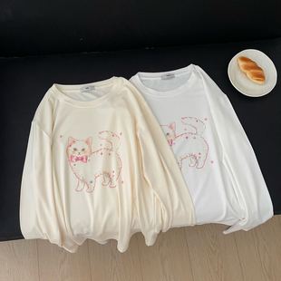 韩系25年秋款 女士T恤上衣 领结猫咪百搭高弹纯棉圆领长袖 打底衫