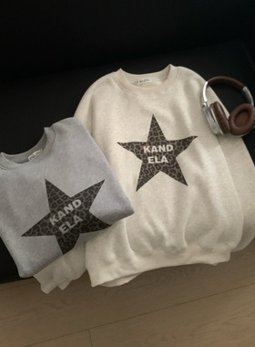 25年冬韩国定制baby绒豹纹星星女士圆领长袖加绒卫衣百搭短款上衣