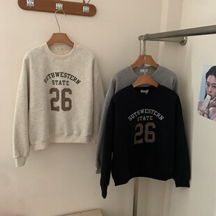 韩系25冬小版豹纹数字短款女生圆领加绒卫衣百搭宽松女士上衣长袖