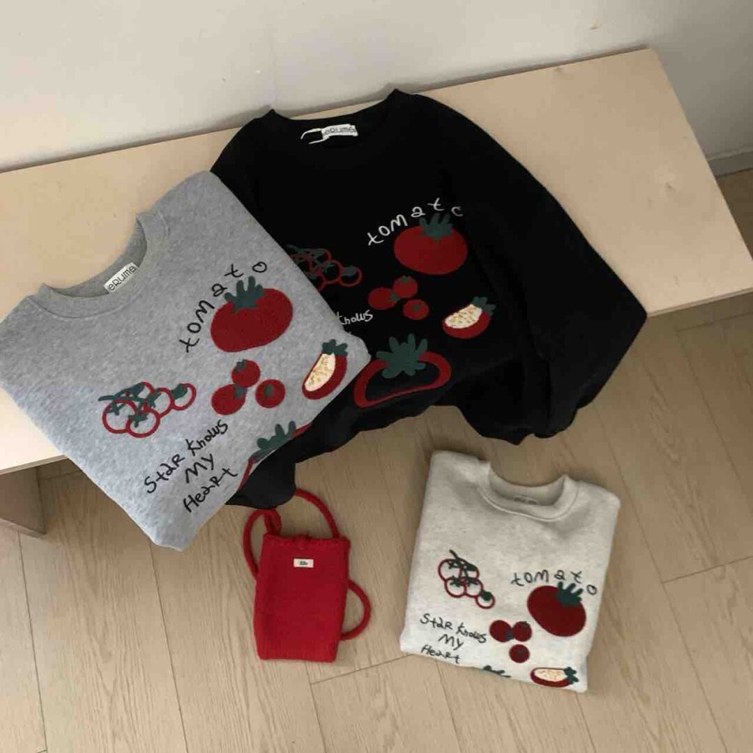 25年冬韩国工厂婴儿绒 短款韩版刺绣番茄加绒长袖圆领卫衣女上衣