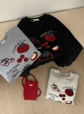25年冬韩国工厂婴儿绒 短款韩版刺绣番茄加绒长袖圆领卫衣女上衣