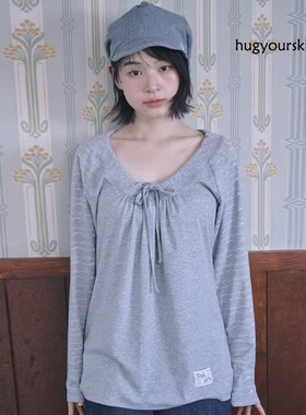 26春设计师品牌hugyourskin少女风插肩袖印花抽绳可露肩长袖T恤潮