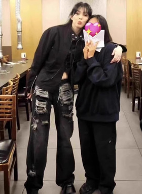 现货韩国gateless韩素希同款水洗破洞猫须设计师韩版直筒牛仔裤女