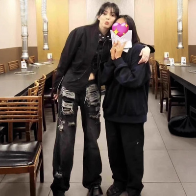 韩素希同款低腰破洞直筒牛仔裤女