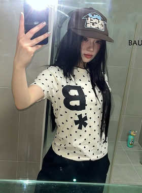 现货博主同款 BAUF韩国设计师品牌波点字母印花短款短袖T恤上衣女