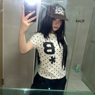T恤上衣女 短袖 现货博主同款 BAUF韩国设计师品牌波点字母印花短款