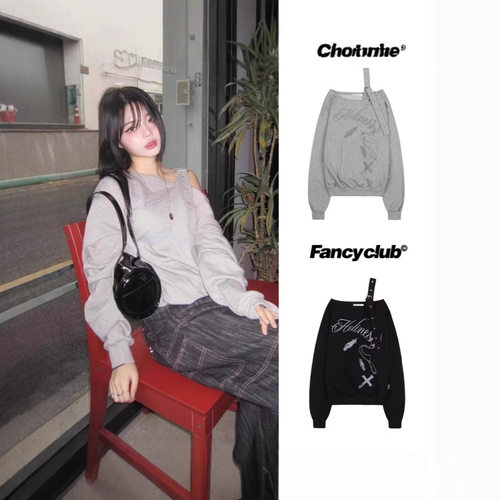 韩国NASTY FANCY CLUB甜酷辣妹复古印花不对称斜领露肩卫衣女上衣
