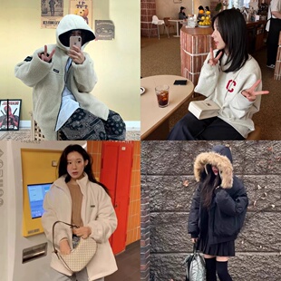 特价韩国covernat小标经典摇粒绒C字母卫衣外套派克毛领羽绒服ins