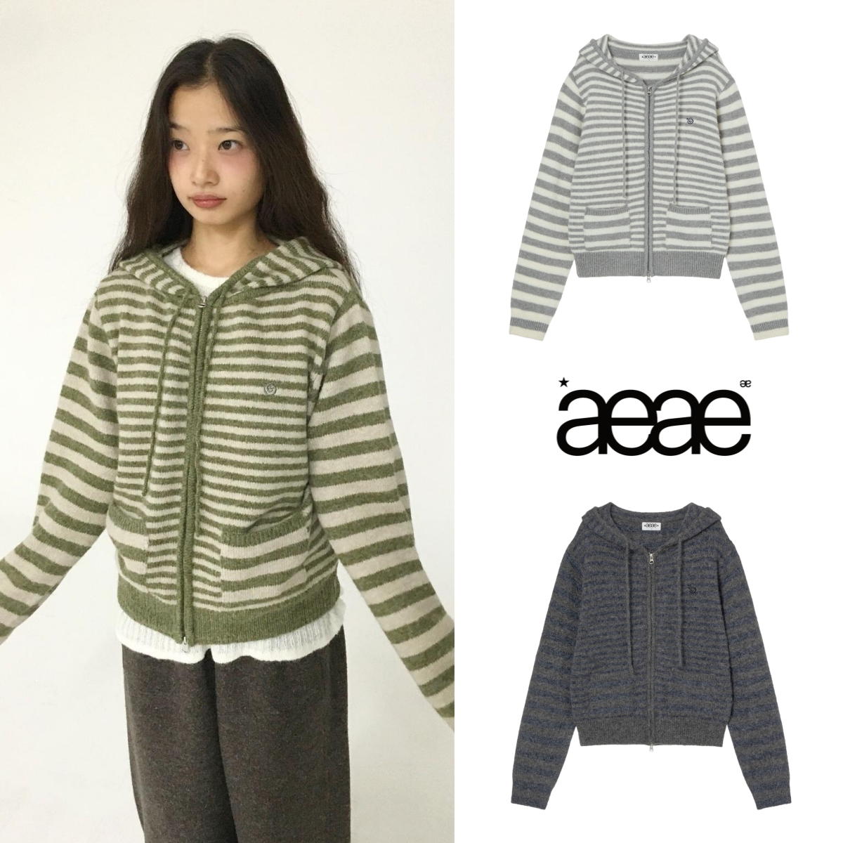 aeae韩版拼色条纹针织毛衣外套女