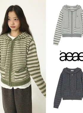 25秋aeae韩国设计师品牌休闲风拼色条纹短款连帽针织毛衣外套女潮