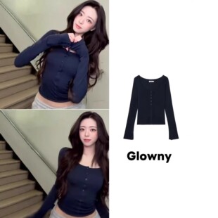 glowny韩国设计师品牌申有娜同款简约风短款长袖纯色打底衫T恤女