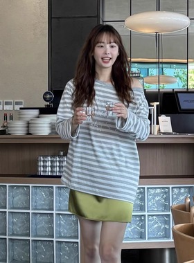 现货！韩国nocontent新款Off Shoulder慵懒烫钻条纹长袖T恤女上衣