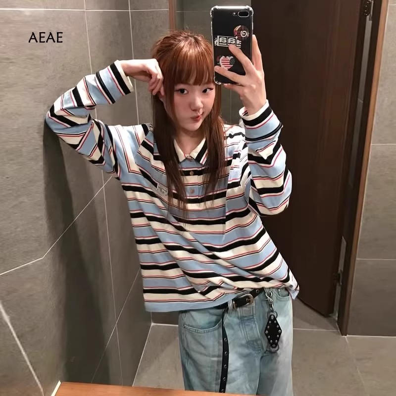 miu系撞色条纹长袖t恤上衣韩版潮