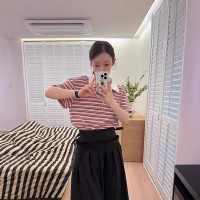 韩国东大门潮牌earlobe同款REPELLER翻领撞色条纹短袖T恤女上衣