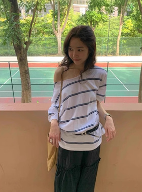 韩版东大门潮牌Dearest 新款 After You 宽松慵懒条纹漏肩短袖