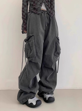 现货韩国raucohouse美式复古系带口袋百搭工装裤直筒宽松休闲裤子