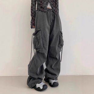 现货韩国raucohouse美式复古系带口袋百搭工装裤直筒宽松休闲裤子
