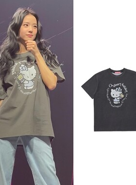 现货jisoo金智秀同款韩国潮牌h* kitty猫咪印花水洗韩版短袖t恤