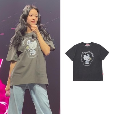 现货jisoo金智秀同款韩国潮牌h* kitty猫咪印花水洗韩版短袖t恤