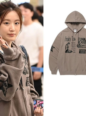 现货叶舒华同款cavish印花涂鸦字母拉链韩版男友风连帽卫衣外套女