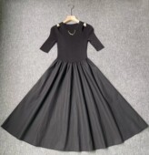 时尚 优雅气质 赫本风小黑裙 霓裳羽衣 针织拼接法式 大摆连衣裙