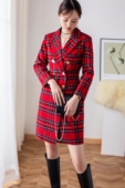 OL风格 西装 通勤 2025早秋 欧美西装 领红色格子修身 款 中长连衣裙