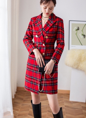 2025早秋~OL风格通勤~欧美西装领红色格子修身西装款~中长连衣裙