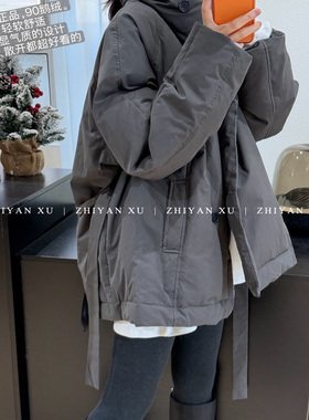 ZHIYAN XU 韩国冬季鹅绒深灰色羽绒服软糯轻便气质收腰宽松中长款