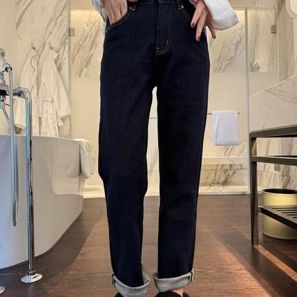 智研 韩国100%棉｜高端深蓝色纯棉牛仔布弹力显瘦直筒中腰牛仔裤