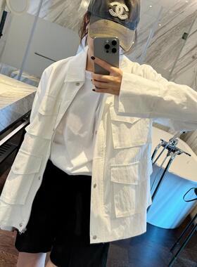 智研 韩国100%｜进口自留好版型多口袋白色中长款显瘦长袖外套