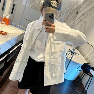 智研 韩国100%｜进口自留好版型多口袋白色中长款显瘦长袖外套