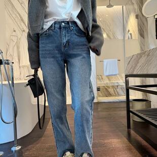 水洗蓝小直筒毛边显瘦牛仔裤 高端牛仔布经典 韩国100%棉| 智研