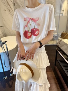 韩国进口纯棉轻薄超美2颗小樱桃印花圆领短袖 智研 百搭t恤上衣