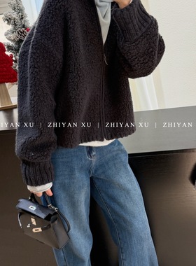 ZHIYAN XU 爆款推荐韩国冬炭黑色厚实圈毛立领拉链开衫女冬软外套
