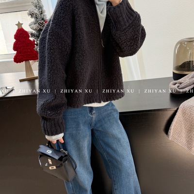 炭黑色厚实圈毛立领拉链开衫