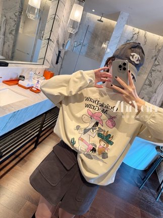 智研 韩国进口新款可爱小毛驴印花纯棉中长款休闲宽松百搭t恤