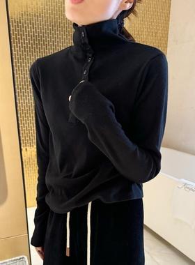 智研 韩国进口100%纯棉｜高弹力高密度单排扣立领黑色打底外穿t