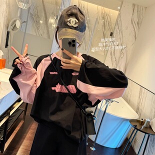 智研 洋气黑粉撞色宽松大版 休闲纯棉长袖 t潮 韩国100%棉|阔袖