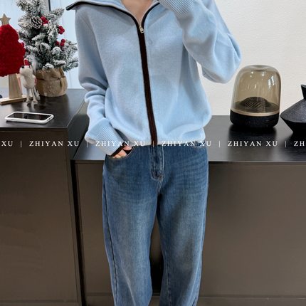 ZHIYAN XU 韩国冬显白气质蓝色拉链翻领百搭羊毛针织开衫毛衣女