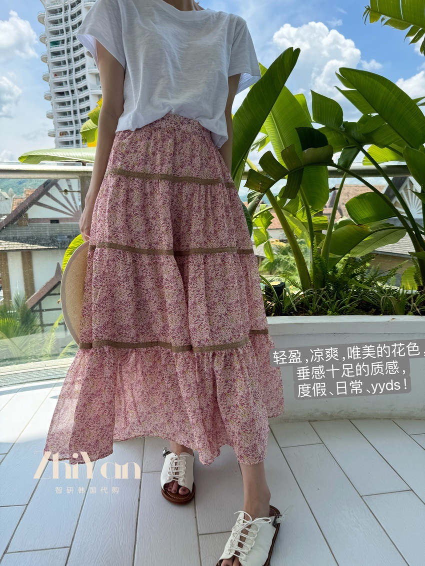 智研 韩国100%｜夏季高级感浪漫雪纺度假风粉碎花蕾丝拼接半身裙