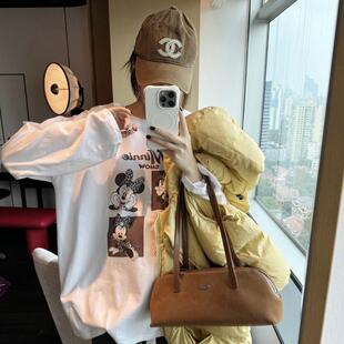 豹纹卡通米奇白色休闲洋气t恤 秋冬长款 智研 韩国进口100%棉｜