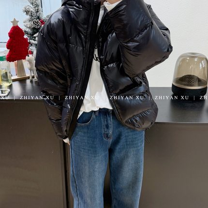 ZHIYAN XU 韩国冬季厚实亮面柔软中款黑色羽绒服女连帽宽松面包服