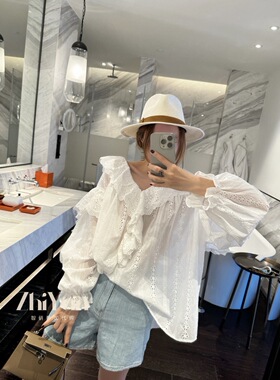 智研 韩国进口夏季甜美宽松镂空荷叶边白色娃娃衫上衣淑女风衬衫